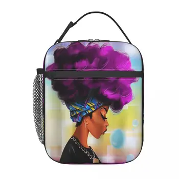 Африканская женщина с фиолетовыми волосами, школьная сумка для ланча, Оксфордская сумка для ланча, для офиса, путешествий, кемпинга, термоохладитель, ланч-бокс