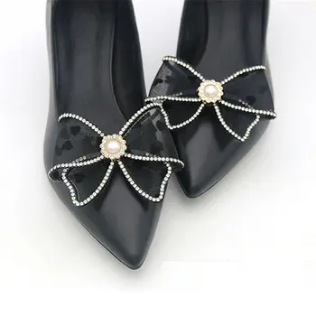 Женские сетчатые зажимы для обуви с бантом, съемные украшения для обуви, женские туфли на высоком каблуке, черные, белые свадебные туфли для невесты, модные украшения