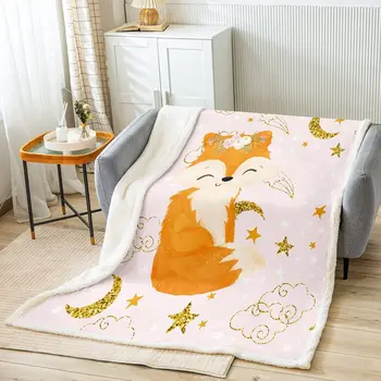 Плед с лисой, милые плюшевые одеяла с лисой из мультфильма, Лесная лиса, шерпа, одеяло с рисунком Солнца и Луны, пушистое одеяло для детей
