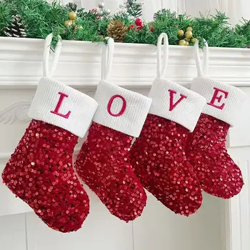 Рождественские носки с блестками и алфавитом, подвеска для чулок, Рождественский декор для дома 2023 Navidad, украшение на елку, Рождественский подарок на Новый год