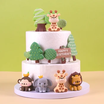 Новый декор торта с лесными животными Жираф Тигр Обезьяна Слон Сафари в джунглях Праздничный Топпер для торта Happy Kids Принадлежности для празднования Дня рождения