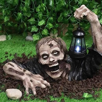 Украшения на Хэллоуин Статуя Зомби с солнечным фонарем, Страшная Статуя садового Гнома-зомби из смолы, Украшение газона во дворе
