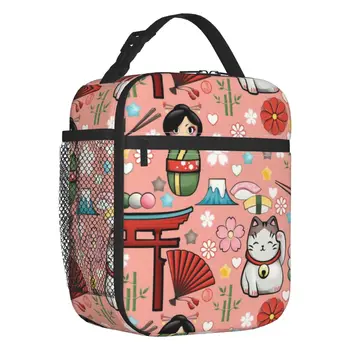 Японская сумка для ланча с изоляцией Maneki Neko для школьного офиса, кукла Гейша Кокеши, сменный кулер, термос для ланча, женщины, дети