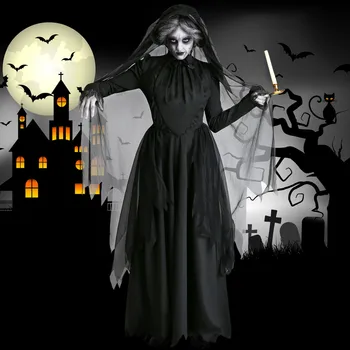 Женский костюм невесты Хэллоуин Невеста Ведьма Косплей Черные костюмы Платье Страшный костюм на Хэллоуин для женщин 3ШТ