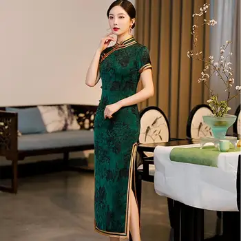 Китайский винтажный Чонсам Темно-зеленого цвета, Улучшенное летнее элегантное тонкое длинное платье в стиле ретро, Традиционная женская одежда Ципао DD852