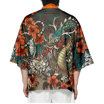 Традиционные топы в японском стиле, кардиган с принтом дракона, кимоно, косплей, Harajuku, женская мужская куртка Юката, Уличная одежда