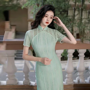Женское зеленое Белое кружевное Чонсам с коротким рукавом винтажное вечернее платье больших размеров, костюмы для шоу, Ципао средней длины в китайском стиле S2384