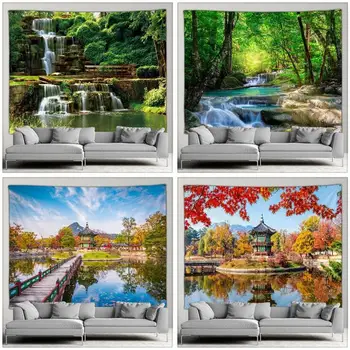 Пейзаж сада на открытом воздухе, Гобелен, лесной водопад, натуральная тропическая зелень, простое искусство, современный стиль, Настенный экран