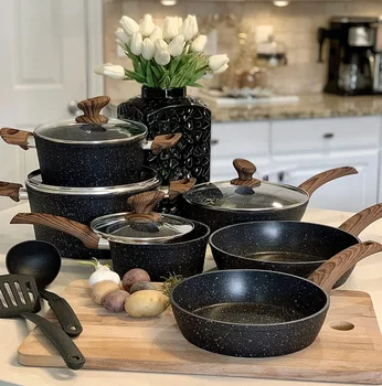 Наборы индукционной посуды Kitchen Academy - набор кастрюль из 12 предметов, набор гранитных черных кастрюль и сковородок с антипригарным покрытием