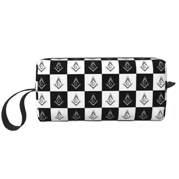 Изготовленная на заказ сумка для туалетных принадлежностей с черно-белым рисунком Freemason в клетку для масонского макияжа Mason, Косметический чехол для хранения косметики Dopp Kit Case