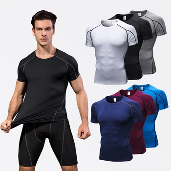 Эластичная мужская спортивная рубашка для бега, рубашка для занятий фитнесом, быстросохнущая рубашка с круглым вырезом, спортивная рубашка для бодибилдинга