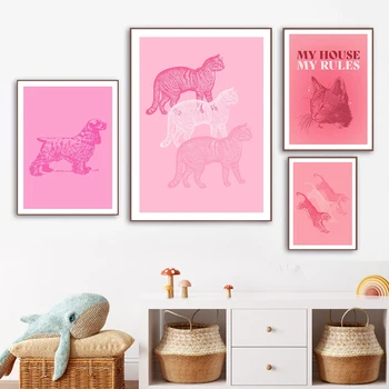Розовый Кокер-спаниель, минималистичный художественный принт, ретро-эстетический плакат с тигром, Кошка, милое животное, Современная спальня, домашний декор, холст, живопись