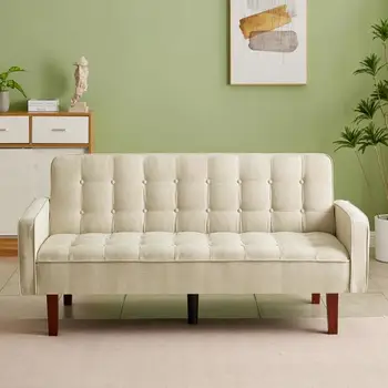 Бежевый, льняной диван-футон, раскладной диван-кровать с тканевой обивкой 73,62 дюйма, минималистичный стиль для гостиной, спальни.