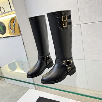 2023 Обувь Для женщин, сапоги из натуральной кожи, сапоги до колена на низком каблуке, зимняя дизайнерская брендовая обувь, пряжка для ремня, Zapatillas Mujer