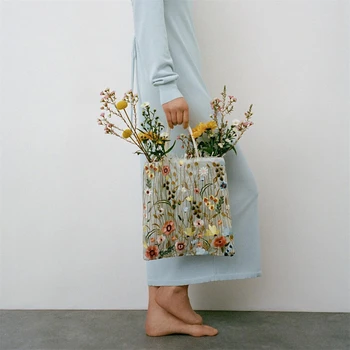 Модная летняя сумка-тоут нового стиля, сетчатая, с вышивкой Цветами, прозрачная сумка через плечо, Романтическая сумочка, Женская Эко-сумка для покупок 2023