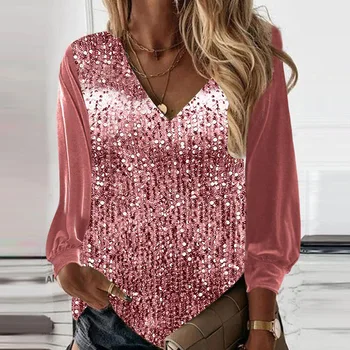 Женская блузка с пайетками, рубашки с V-образным вырезом, 2023, Женские осенние топы с длинным рукавом, Однотонные Пуловеры, Женские повседневные футболки, прямые