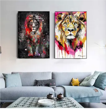 Абстрактная красочная картина со львом, современная настенная картина с животными, Куадрос для художественных работ, картина на холсте, украшение дома