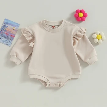 Милая одежда для новорожденных девочек, толстовка с рюшами и длинным рукавом, Однотонный осенний комбинезон для малышей