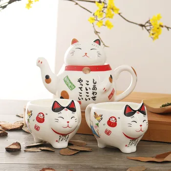 Милый Японский Фарфоровый Чайный Сервиз Lucky Cat Creative Maneki Neko Керамическая Чайная Чашка Горшок с Ситечком Lovely Plutus Cat Teapot Кружка