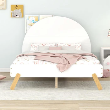 [Срочная распродажа] Деревянная симпатичная кровать-платформа полного / двойного размера С изогнутым изголовьем, белая рама кровати с полкой сзади [US-W]