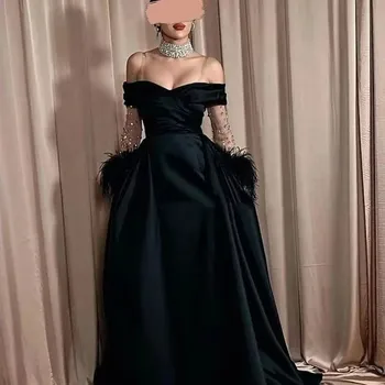 Современные черные атласные платья для выпускного вечера с открытыми плечами, отделяемые прозрачными длинными рукавами, расшитыми бисером, специальные вечерние платья для дам