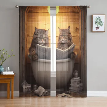 Занавески для ванной с кошачьими шторами Kitty Newspaper Light для гостиной Спальни кухни из шифона с прозрачными окнами