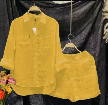 Весенне-осенний женский комплект из двух предметов, однотонные рубашки с лацканами и шорты с высокой талией, модные повседневные наряды из хлопка и льна