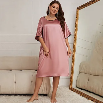 Пижама большого размера Летнее тонкое дышащее женское платье с круглым вырезом, Сексуальная ночная рубашка, Женская домашняя одежда из шелка Айс