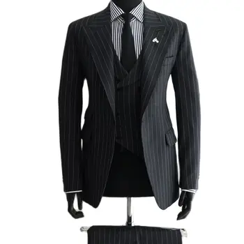 Мужские официальные костюмы в черную полоску, комплекты приталенных блейзеров из 3 предметов для деловой свадьбы, жених, шафер, полные костюмы для больших и высоких мужчин